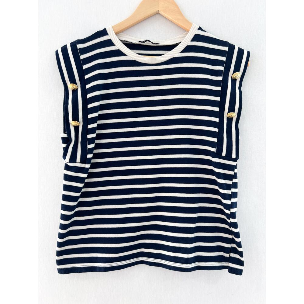ZARA Navy Striped Knit Cap Sleeve Top Medium Nautical Sailor Sleeveless Blouse